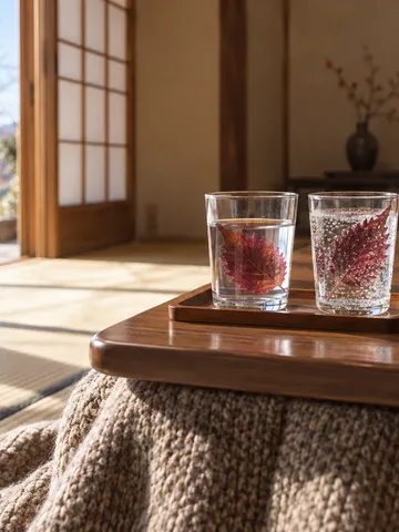 こたつの上の赤シソ入りの水割りとソーダ割り、みかん