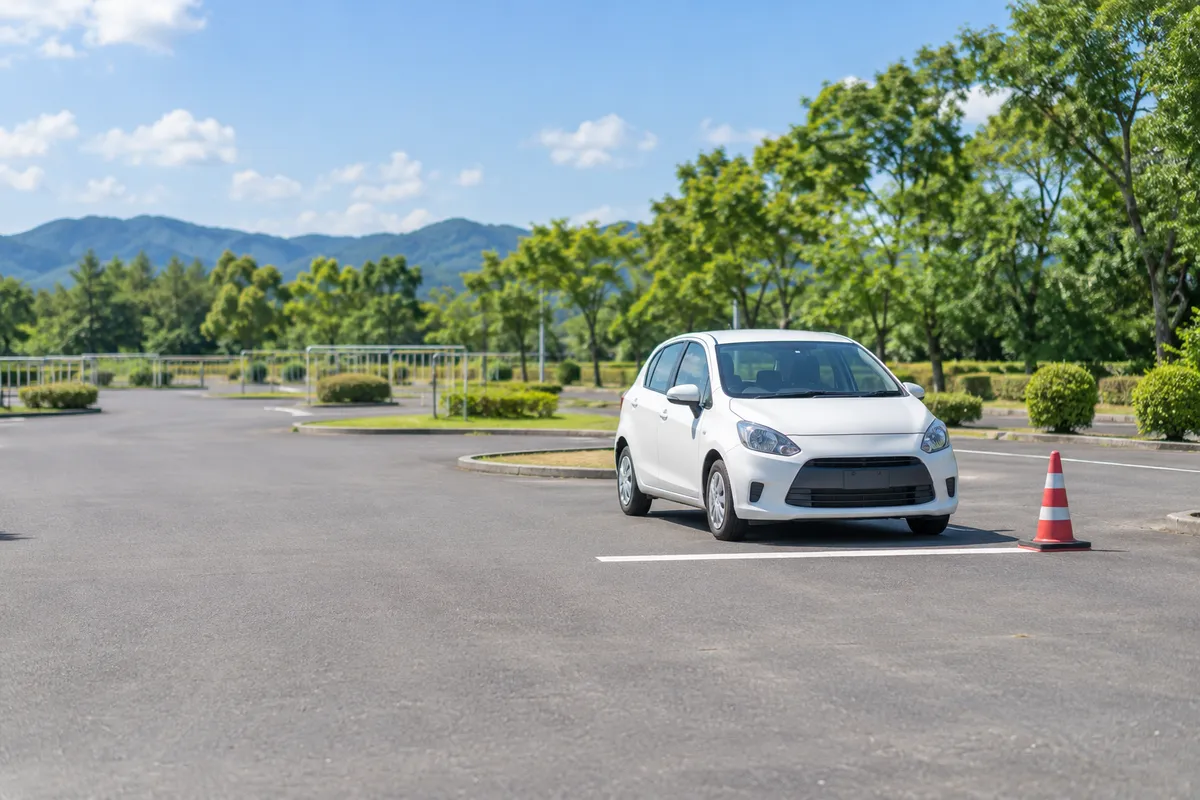 晴れた教習所のコースと練習用の車
