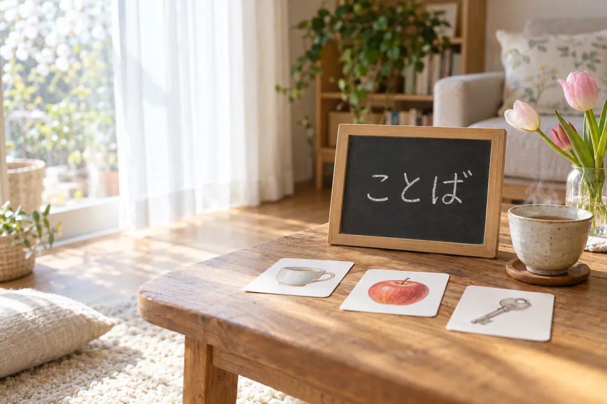 「ことば」と書かれた小さな黒板と絵カード