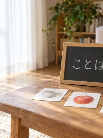 「ことば」と書かれた小さな黒板と絵カード