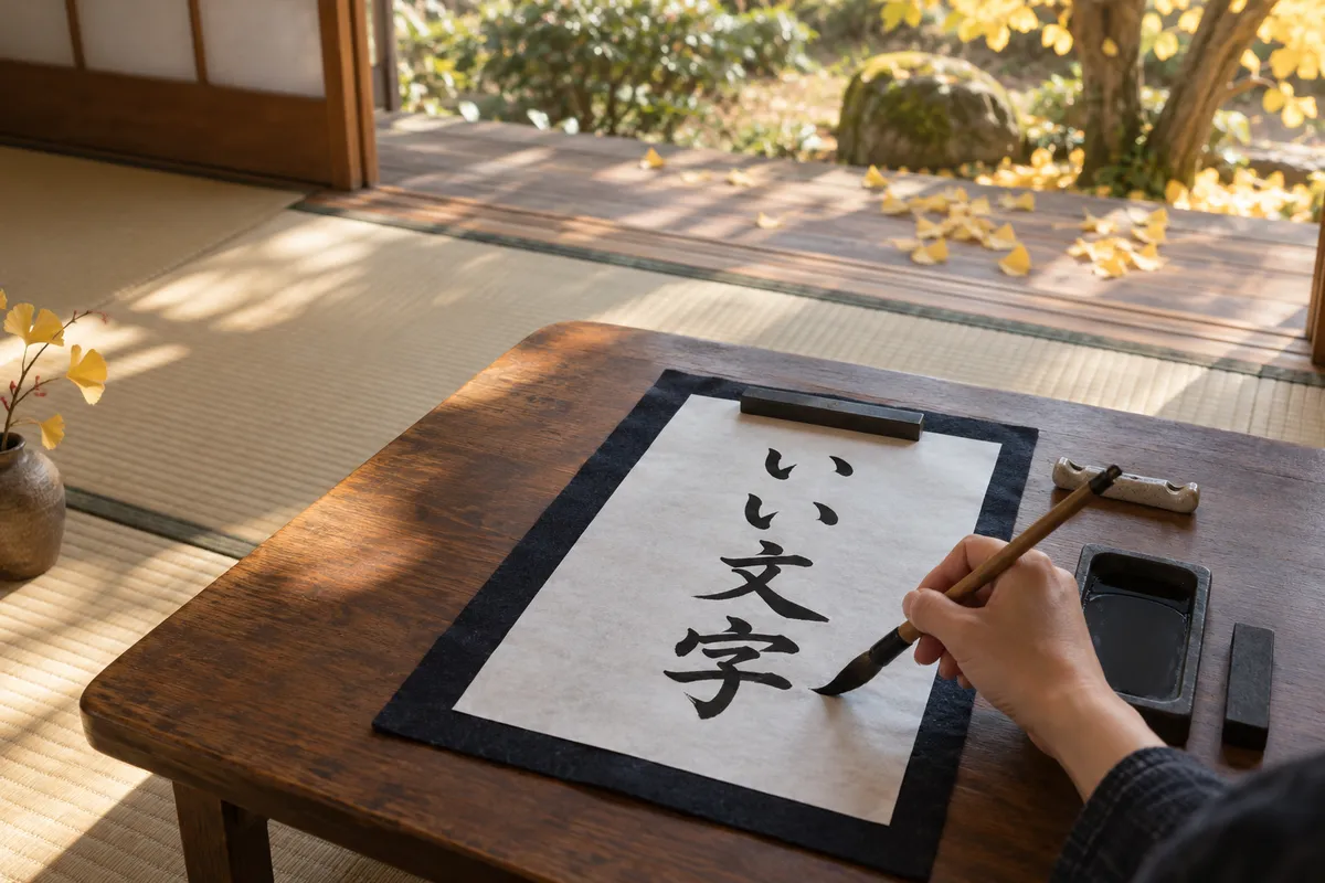 半紙に「いい文字」と書く筆と硯の手元