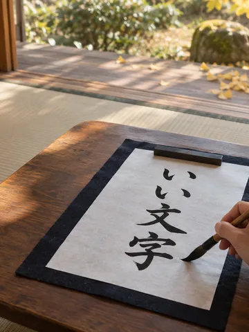 半紙に「いい文字」と書く筆と硯の手元