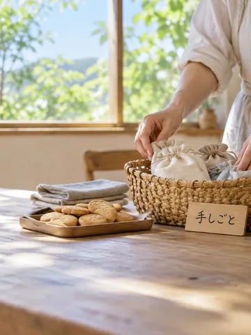 作業場の机に並ぶ手編みのかごと焼き菓子
