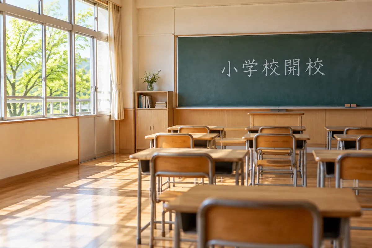黒板に「小学校開校」と書かれた明るい教室