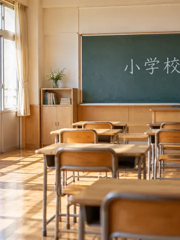 黒板に「小学校開校」と書かれた明るい教室