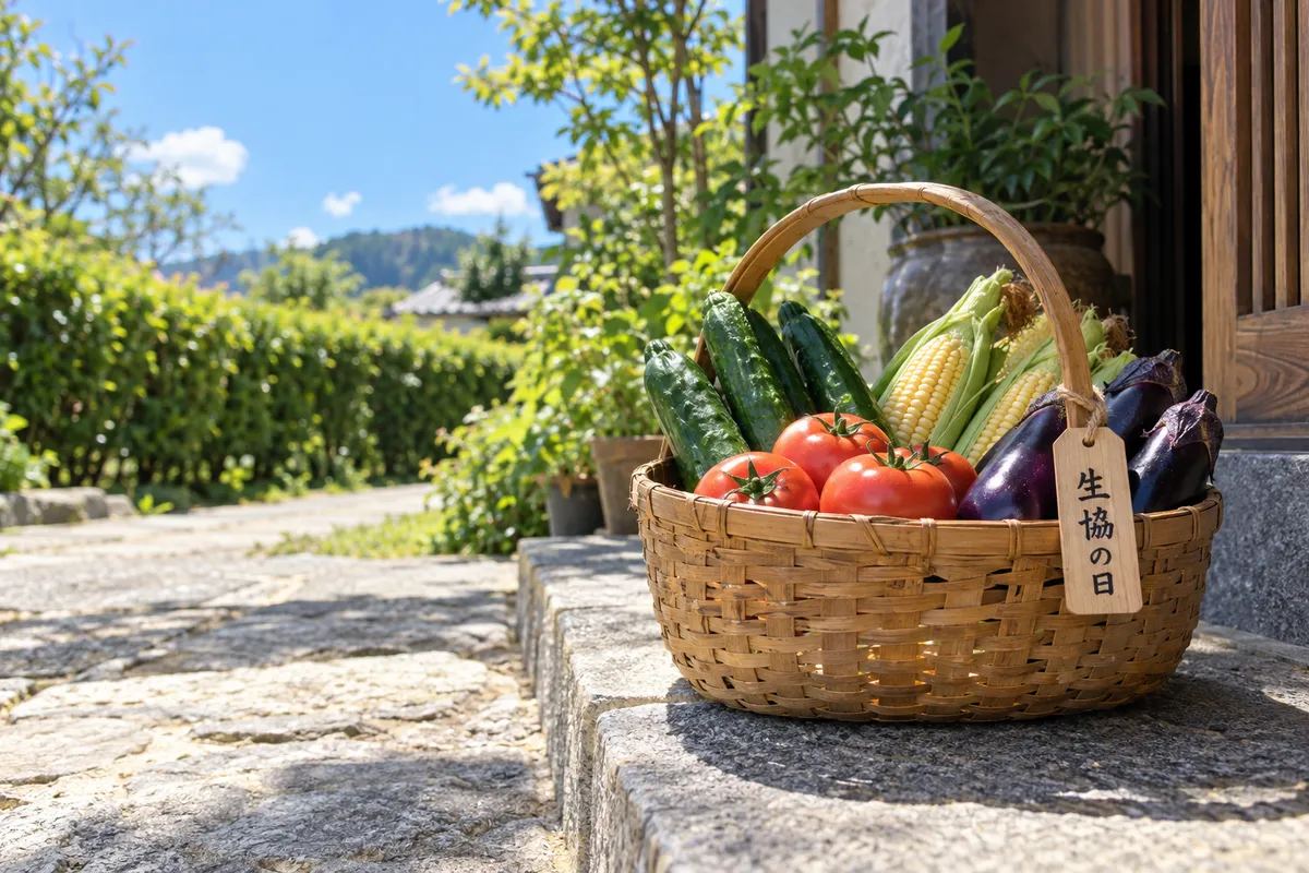 玄関先の野菜かごと「生協の日」の木札