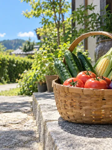 玄関先の野菜かごと「生協の日」の木札