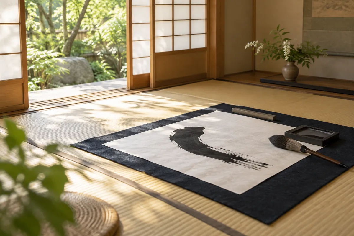 畳の上の大きな半紙と墨の一筆、筆と硯