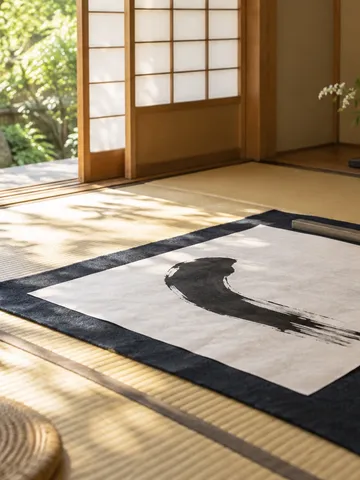 畳の上の大きな半紙と墨の一筆、筆と硯