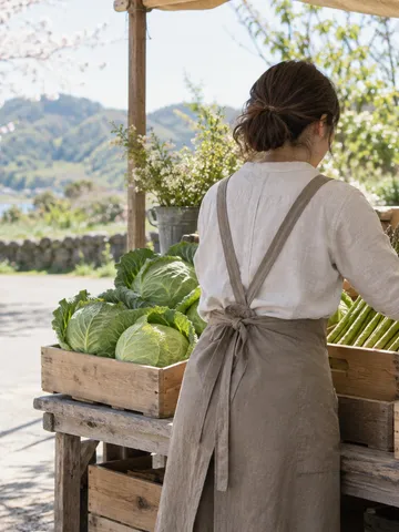 春の市場の野菜売り場と野菜を選ぶ後ろ姿