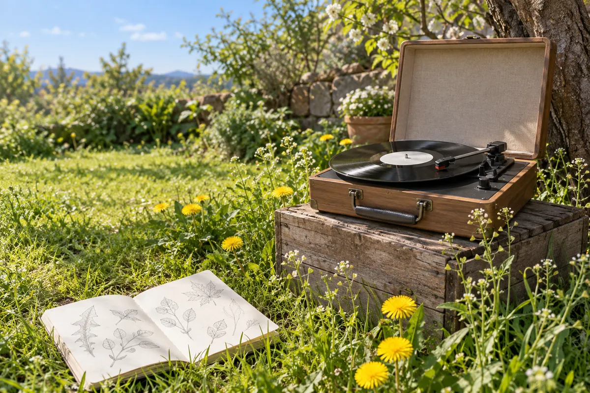 春の庭で野の花に囲まれたレコードプレーヤー