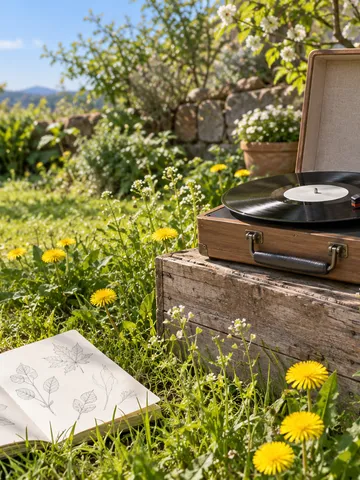 春の庭で野の花に囲まれたレコードプレーヤー