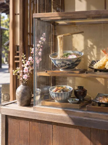 店先のショーケースに並ぶ食品サンプル