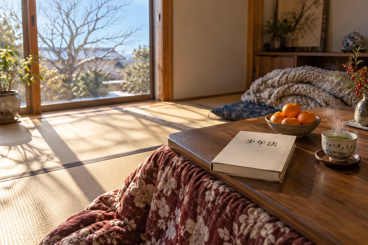 こたつの上の「少年法」の本とみかん、お茶