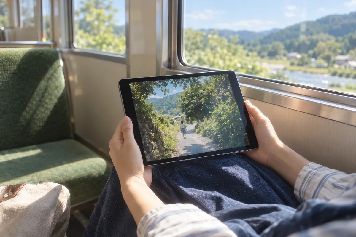 電車の座席で短編映画を観るタブレットと手元