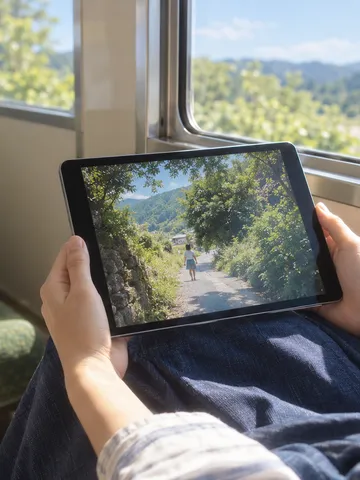 電車の座席で短編映画を観るタブレットと手元