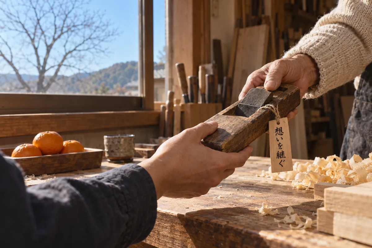 木札付きの道具を手渡す工房の手元