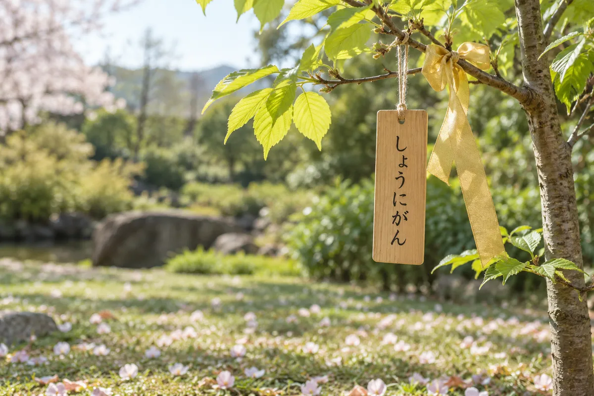 金色のリボンと「しょうにがん」の札が下がる春の木