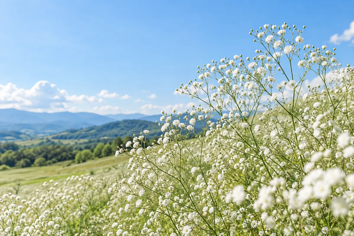 夏の青空の下に咲くかすみ草畑