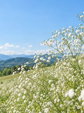 夏の青空の下に咲くかすみ草畑