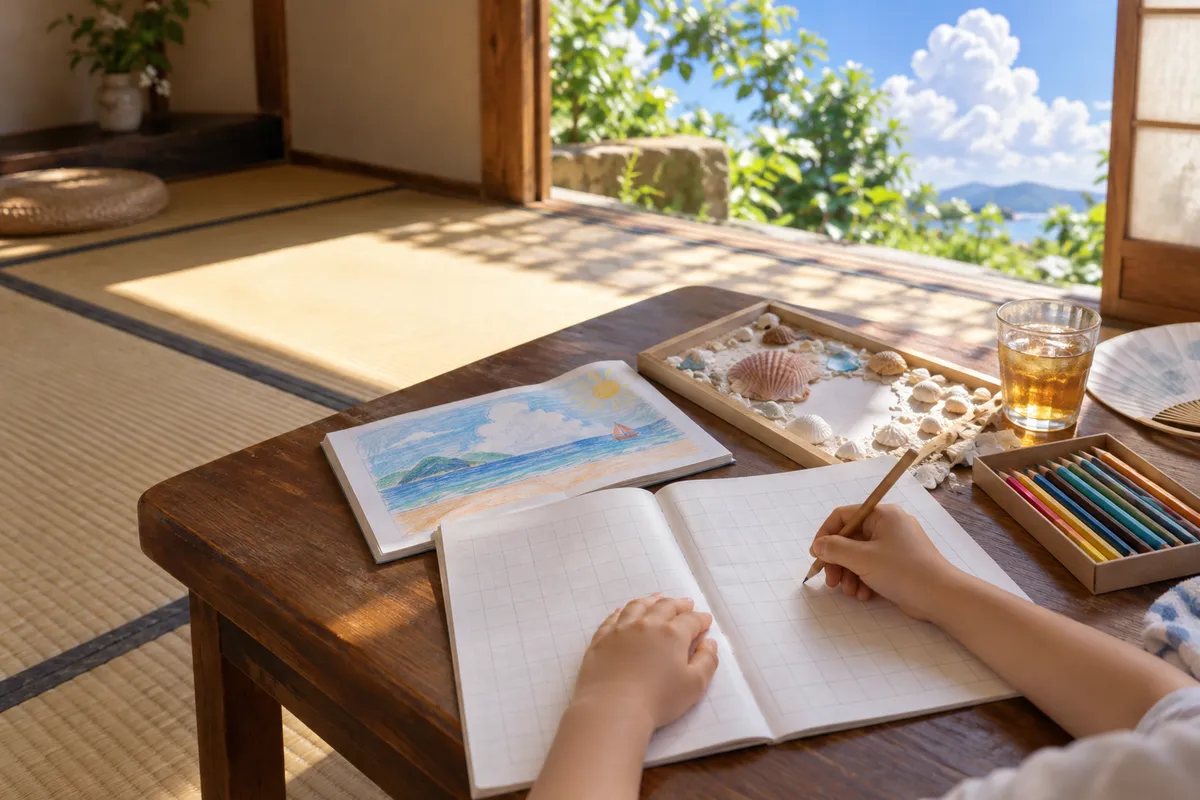 夏の昼下がり、畳の部屋で宿題を仕上げる子どもの手元