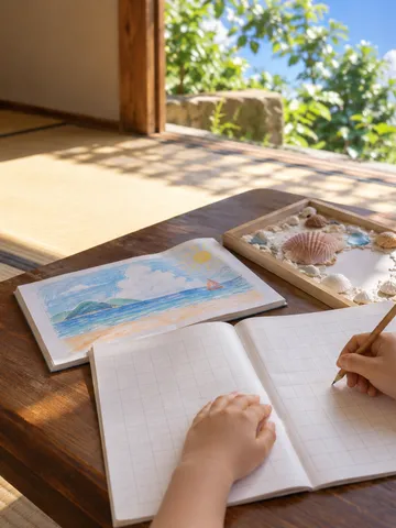 夏の昼下がり、畳の部屋で宿題を仕上げる子どもの手元
