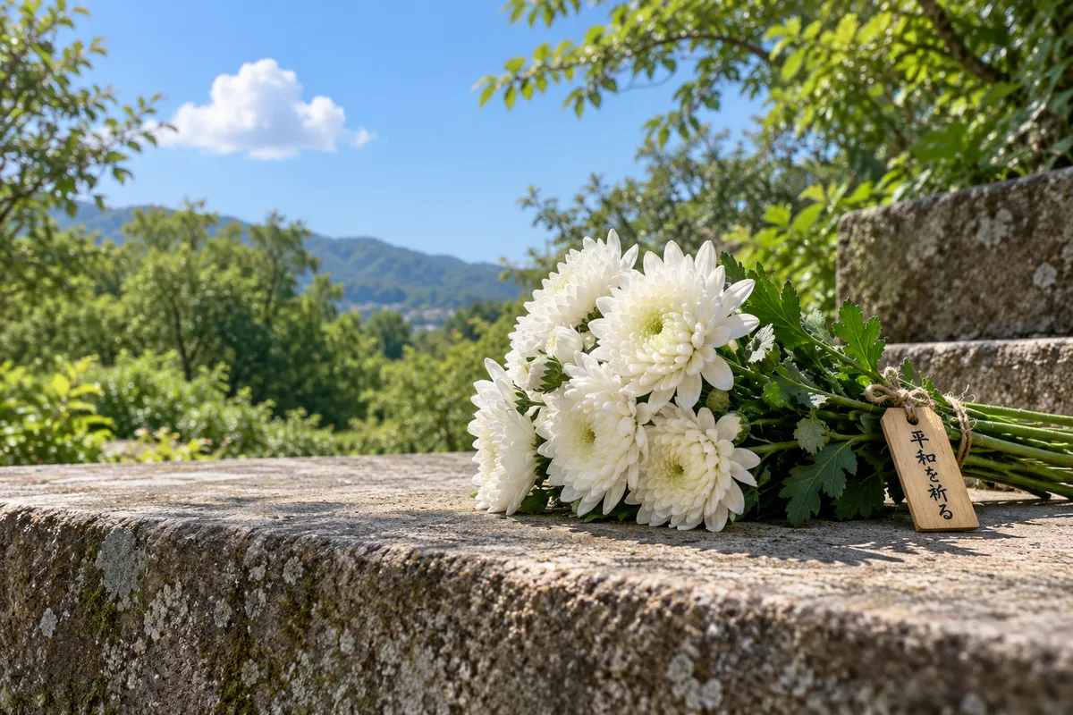 「平和を祈る」の札を付けた白菊の花束