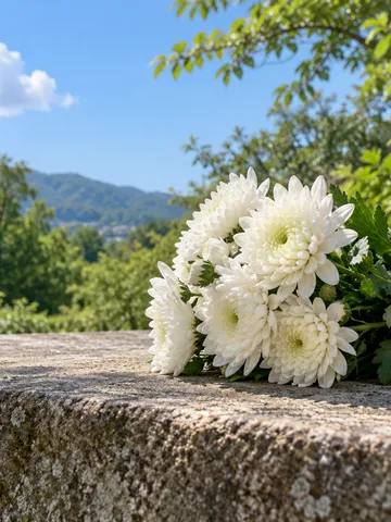 「平和を祈る」の札を付けた白菊の花束