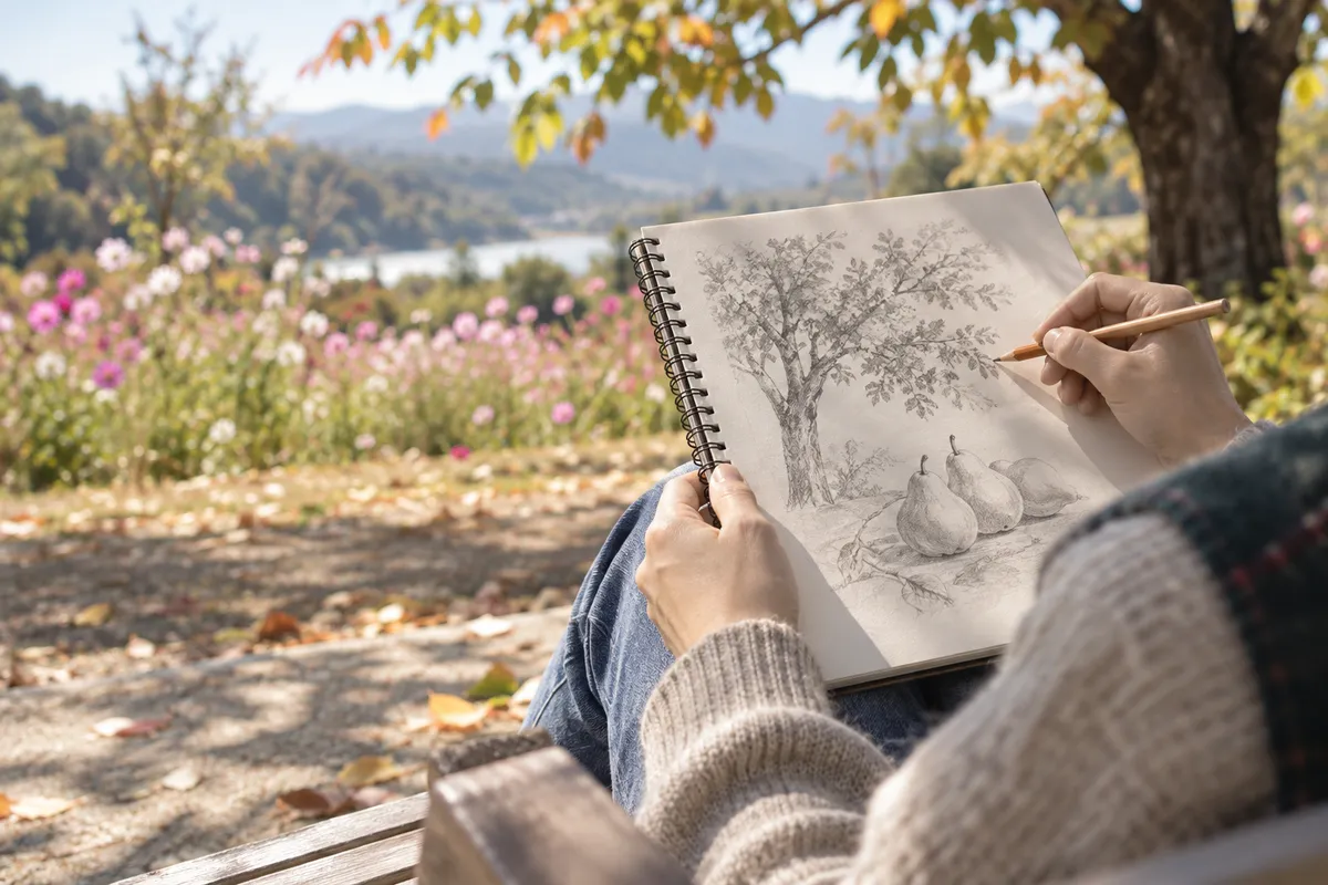 公園のベンチで膝にスケッチブックを開き、鉛筆で描く手元