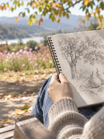 公園のベンチで膝にスケッチブックを開き、鉛筆で描く手元