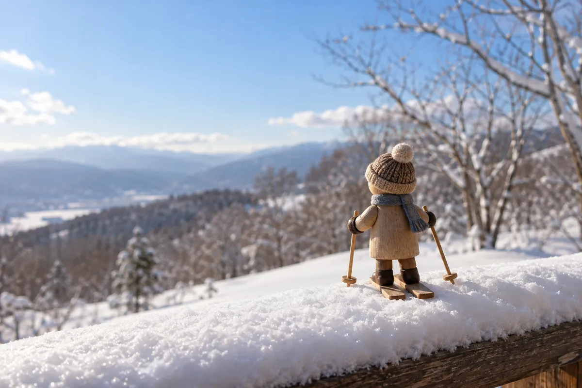 雪の上に立つ木のスキー人形と小さな板