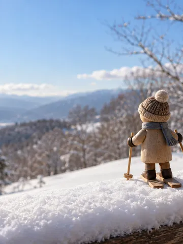 雪の上に立つ木のスキー人形と小さな板