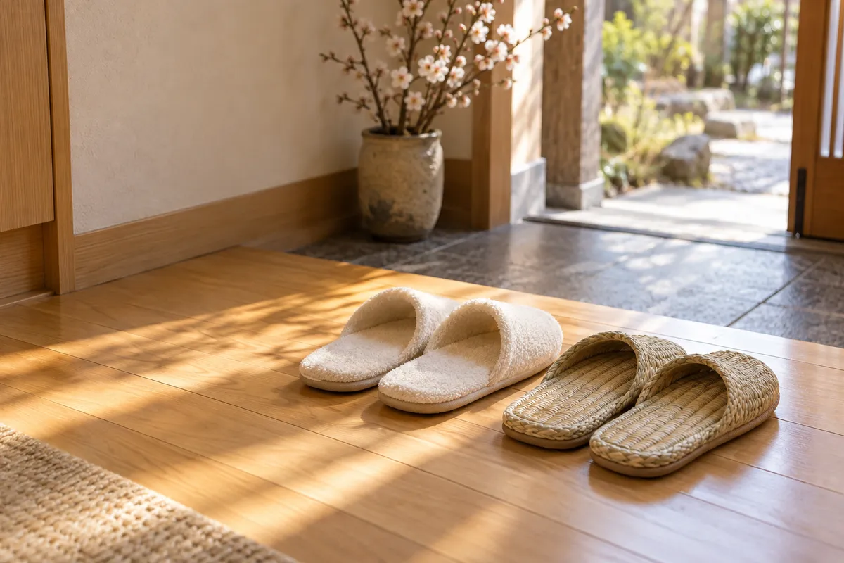 明るい玄関の床に並んだ二足のスリッパ