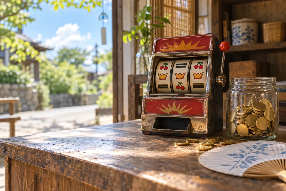 木のカウンターに置かれたおもちゃのスロット機とメダル