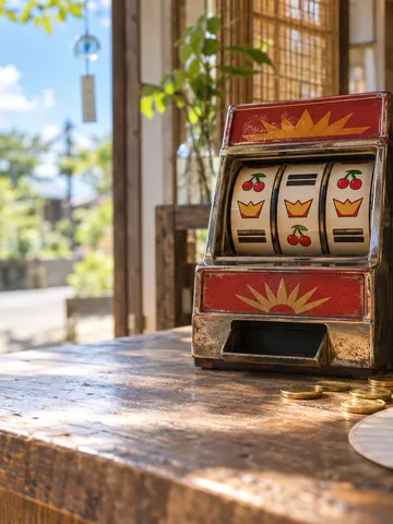 木のカウンターに置かれたおもちゃのスロット機とメダル