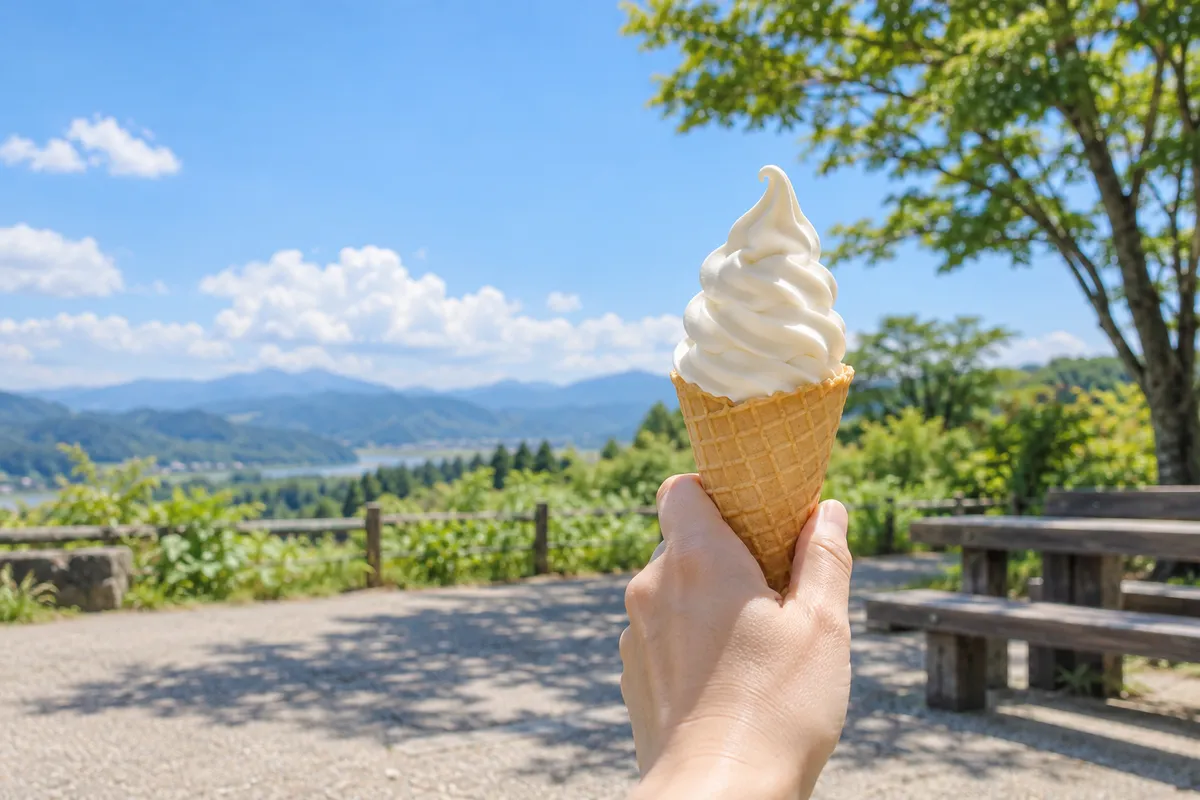 夏の日差しの下で手に持つソフトクリーム