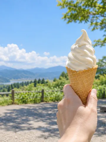 夏の日差しの下で手に持つソフトクリーム
