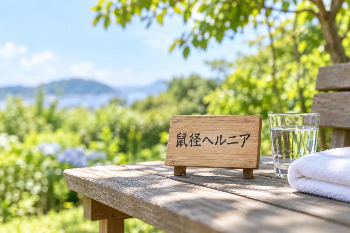 日なたのベンチに置かれた病名の木札とタオル、水のグラス