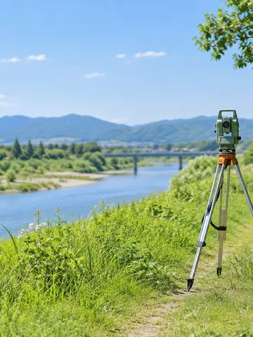 草地の道に立つ測量器械の三脚と測量ポール