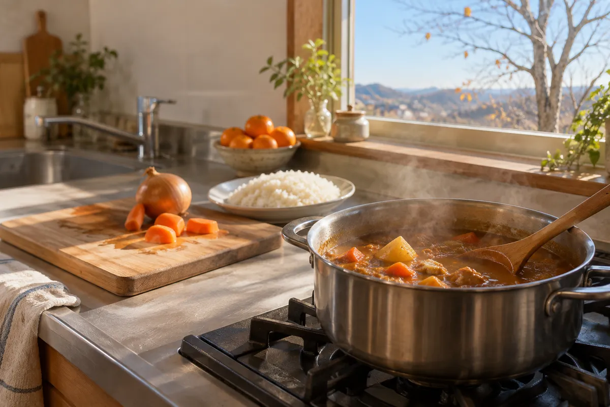日なたの台所でカレーを煮込む鍋と白いごはん