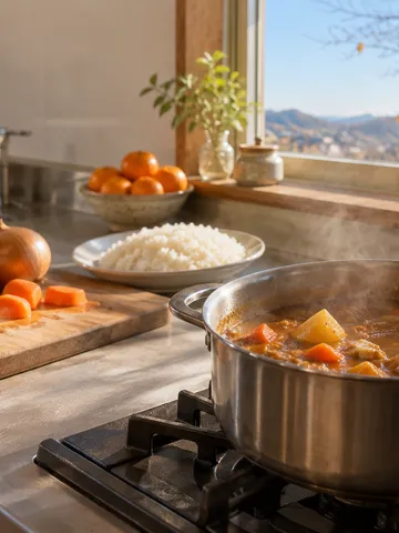 日なたの台所でカレーを煮込む鍋と白いごはん