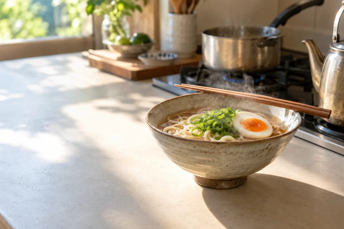 湯気の立つラーメンの器と箸、台所のコンロ