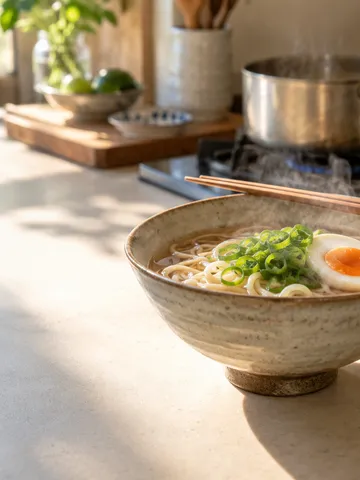 湯気の立つラーメンの器と箸、台所のコンロ