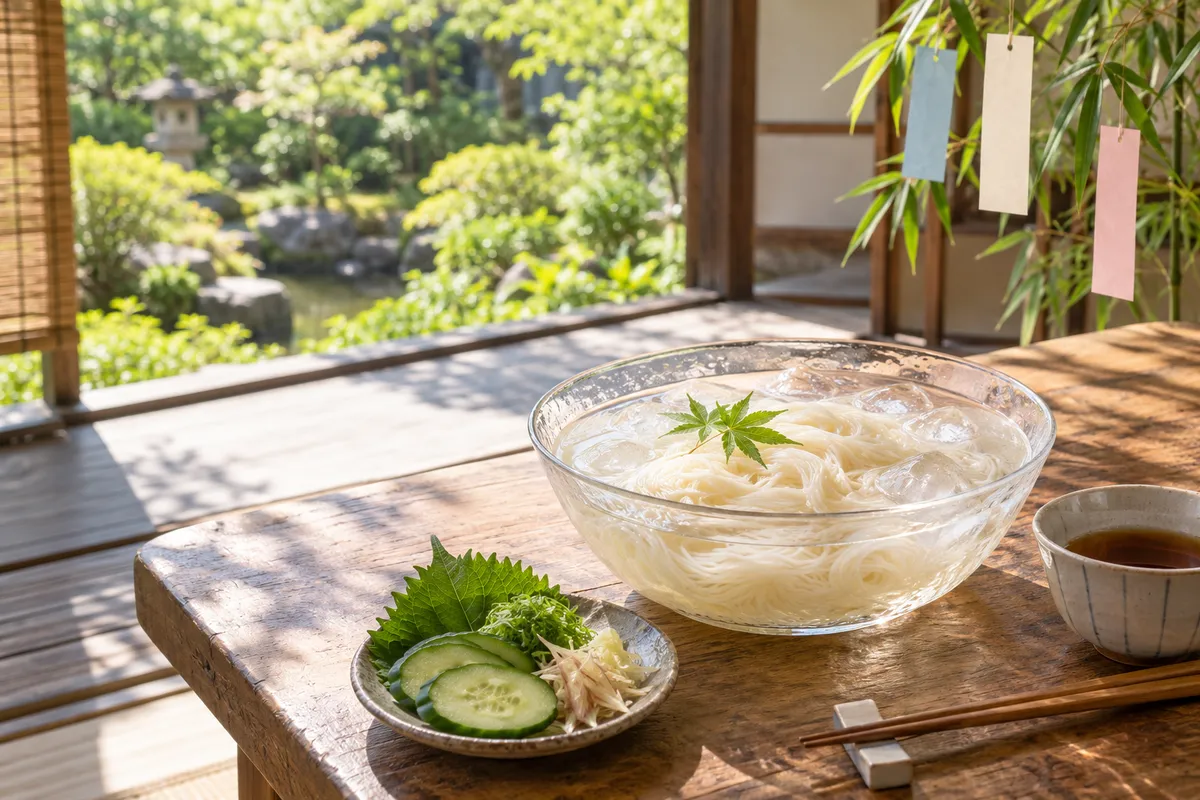 縁側に置かれた氷入りのそうめんと七夕の笹飾り