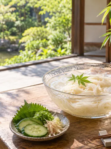 縁側に置かれた氷入りのそうめんと七夕の笹飾り