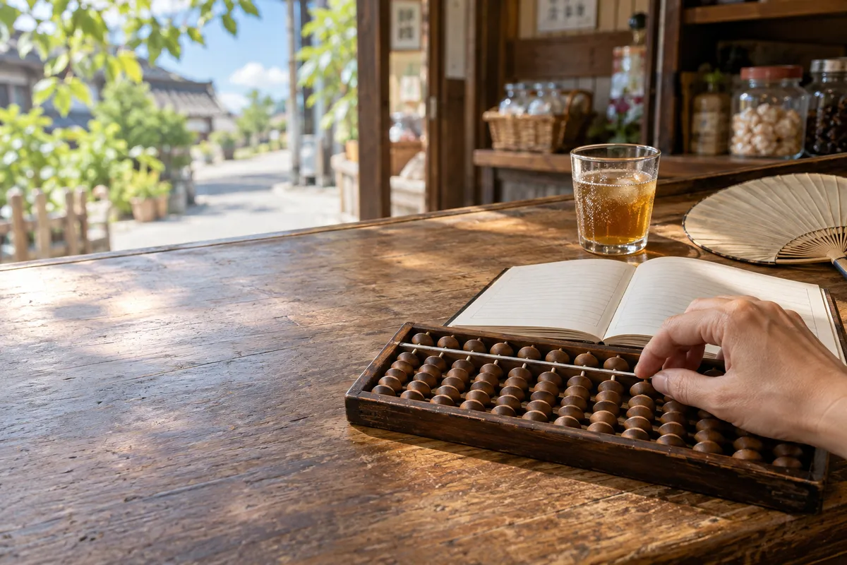 店の帳場の木の台に置かれたそろばんと麦茶