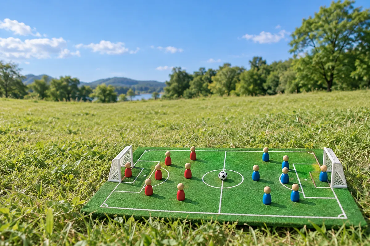 芝生の上のおもちゃのサッカー場と木の人形