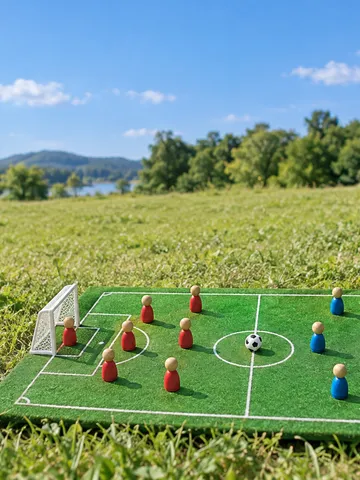 芝生の上のおもちゃのサッカー場と木の人形