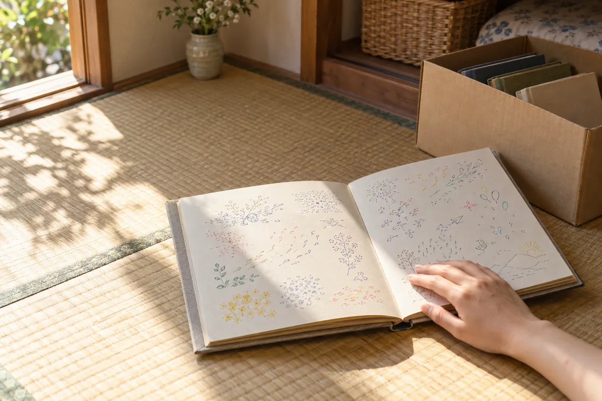 押し入れの前で開かれた卒業アルバム