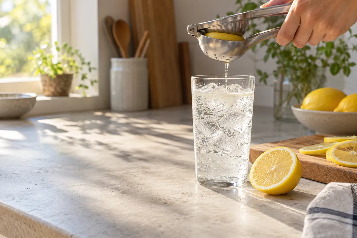 氷入りの炭酸のグラスとレモンのある台所